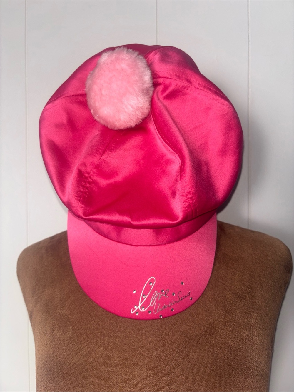 Victoria's Secret Hot Pink Satin Newsboy Cap with Pom Pom